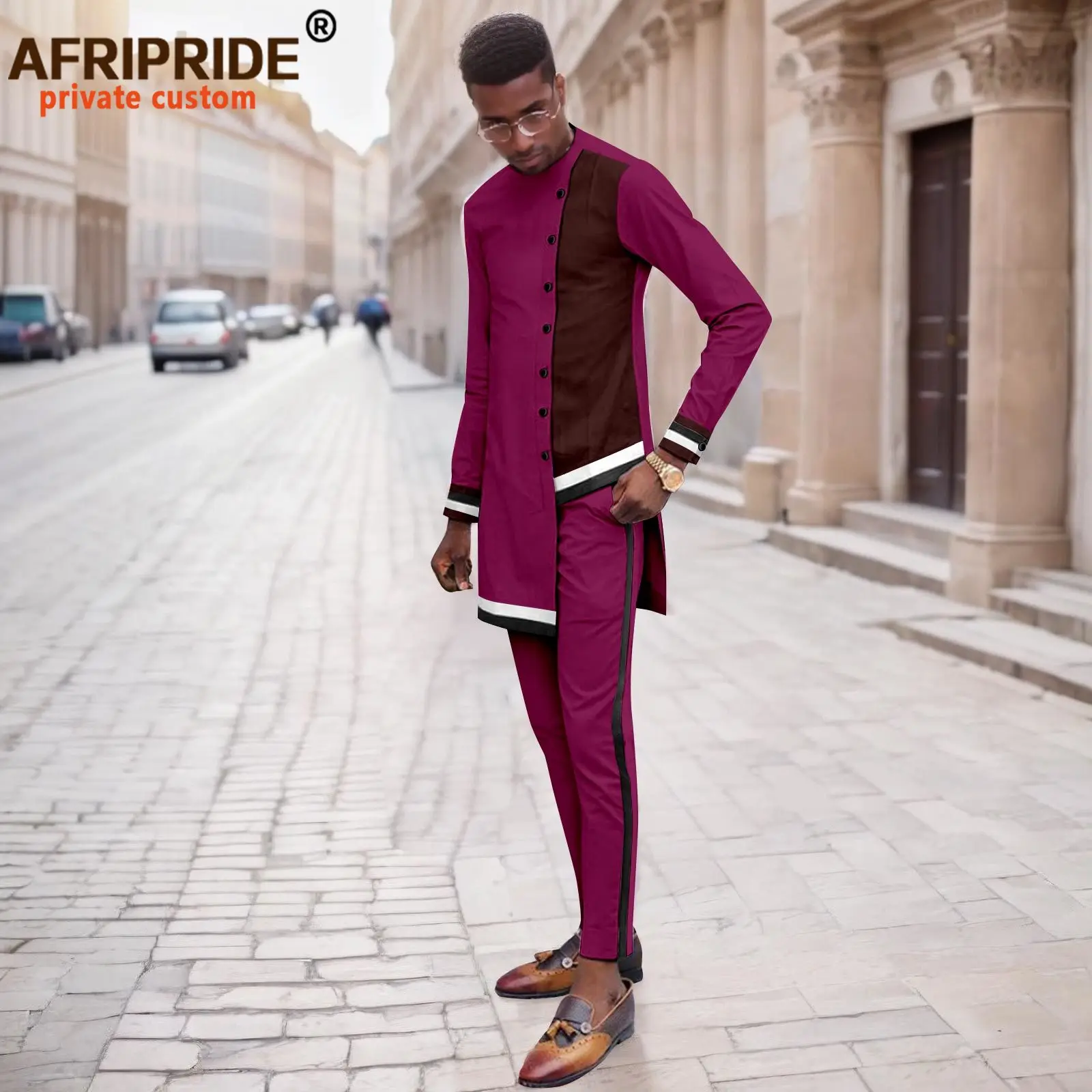 Boubou Men Africa - ชุดสูทแอฟริกันสำหรับผู้ชาย เสื้อเชิ้ตกระดุมแถวเดียวและกางเกง Ankara ชุด 2 ชิ้น