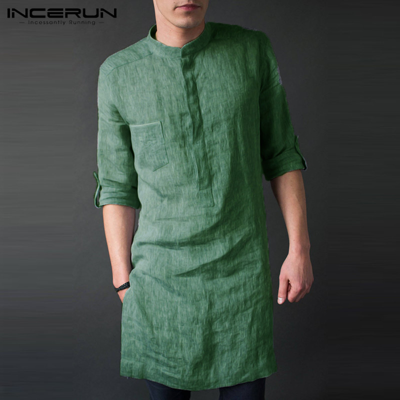 Kurta Men Cotton - INCERUN เสื้อกันหนาวผู้ชายแขนยาว Midi Men เสื้อยืดแฟชั่นใหม่มุสลิมเสื้อผ้าสีทึบอินเดีย Kurta