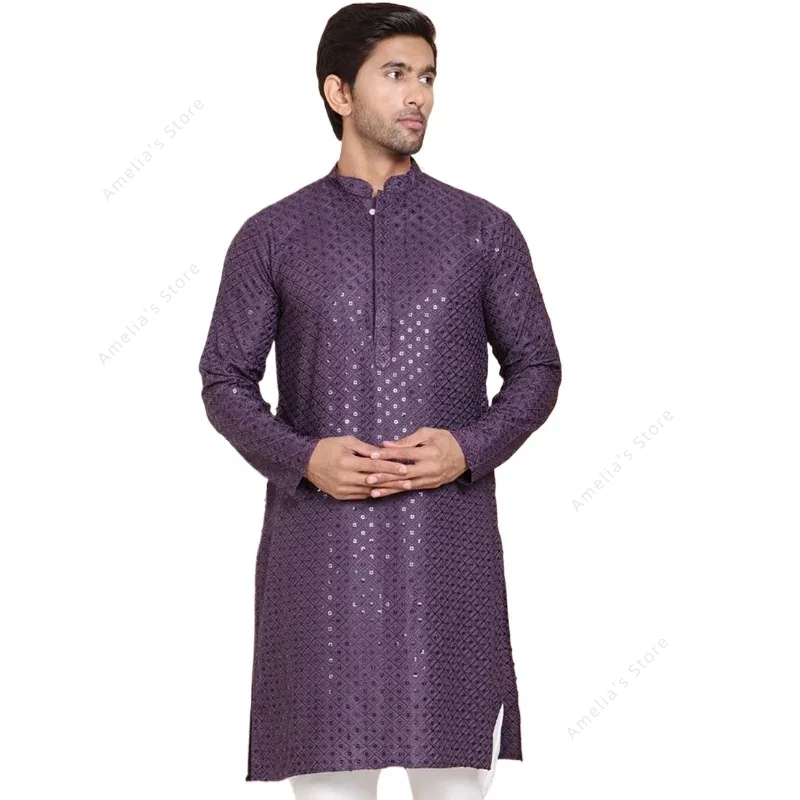 Kurta Men Cotton - ผู้ชายอินเดีย Kurta Tunic ผ้าฝ้ายน้ําหนักเบายาวเสื้อเลื่อมขาตั้งคองานแต่งงานเทศกาลชาติพันธุ์เสื้อผ้า Tops