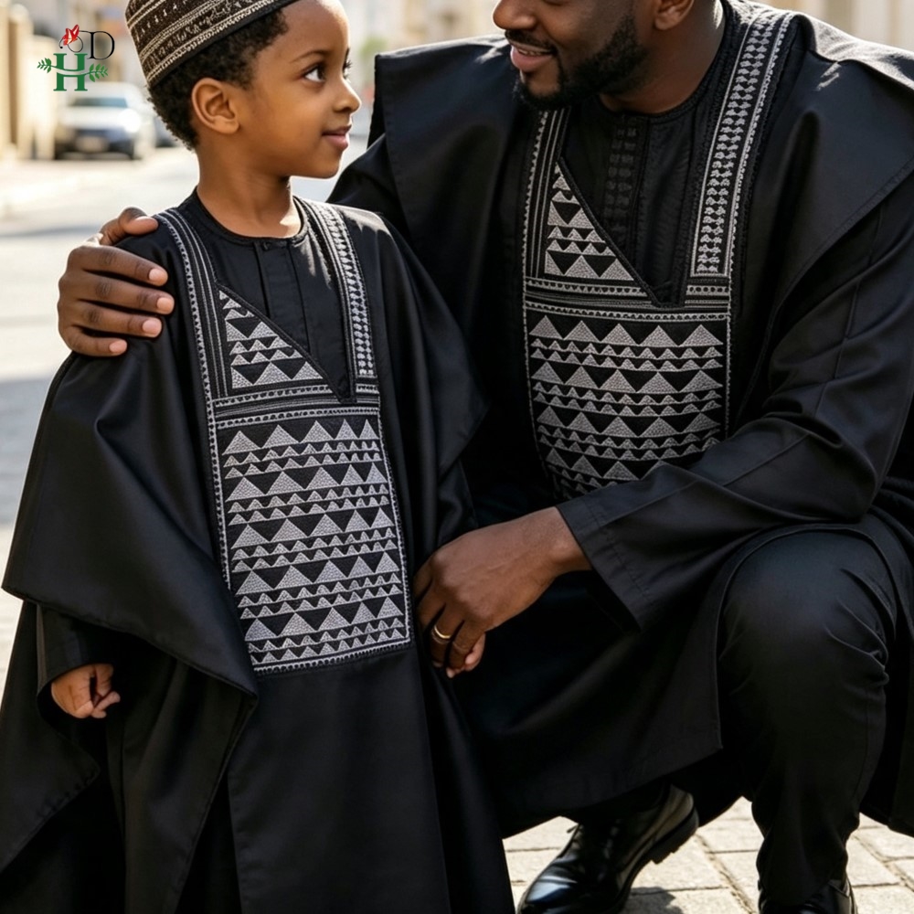 Boubou Men Africa - ชุดพ่อ-ลูก ชุดตุรกีลดราคา ชุดปักลายแอฟริกัน ชุดสามชิ้น สำหรับเด็กผู้ชาย ผู้ชาย