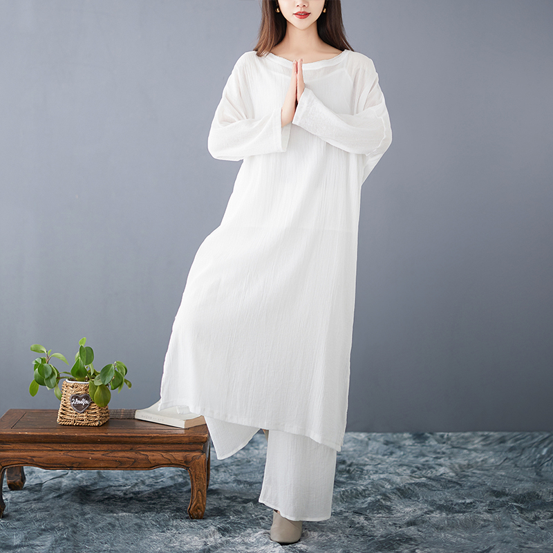 Ethnic Style Dresses - ชุดเดรสผ้าฝ้ายลินินทรงหลวมสำหรับผู้หญิง ไซส์ใหญ่ สไตล์ฮั่นฝู ชุดเต้นรำ เสื้อคลุมยาวสีขาว แฟชั่นฤดูใบไม้ผลิ