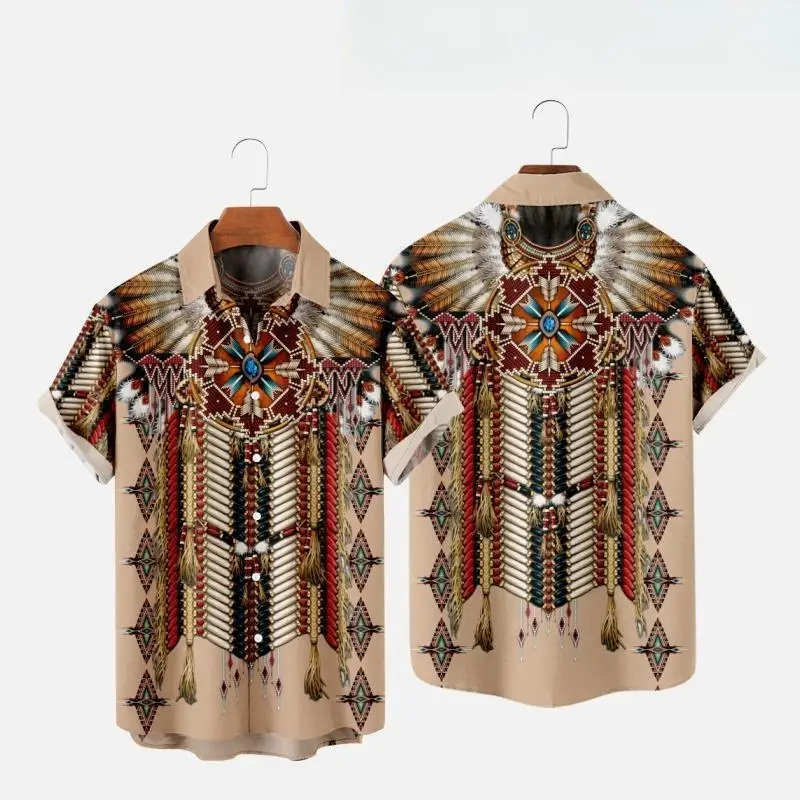 Fashion Ethnic Indian Clothing - เสื้อชายหาดพิมพ์ลาย3D สไตล์อินเดียนแดงเสื้อสตรีทแวร์เสื้อแขนสั้นวินเทจแนวสตรีทแฟชั่นสำหรับผู้หญิงสำหรับผู้ชายเสื้อเสื้อชายเสื้อผ้าผู้ชาย