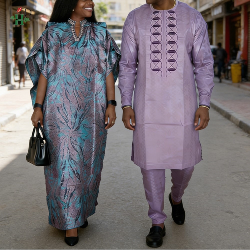 Boubou Men Africa - ชุดแอฟริกัน H&D สำหรับคู่รัก สีม่วงเข้าชุด ชุดผู้ชายแบบดั้งเดิม 2