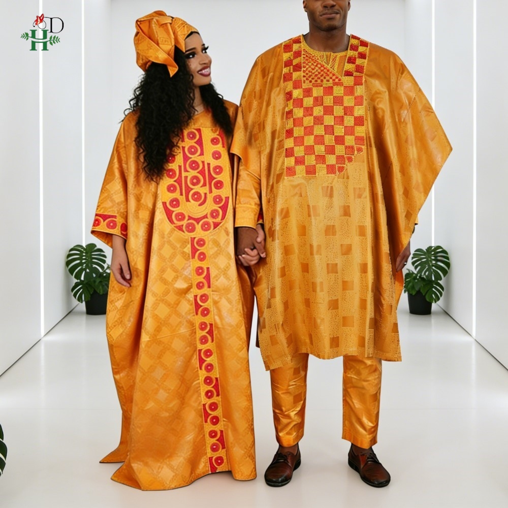 Boubou Men Africa - ชุดเสื้อผ้าแอฟริกันแบบดั้งเดิมสำหรับผู้ชาย ชุดอักบาดะ 3 ชิ้น สีเหลือง ผ้าบาซินริช
