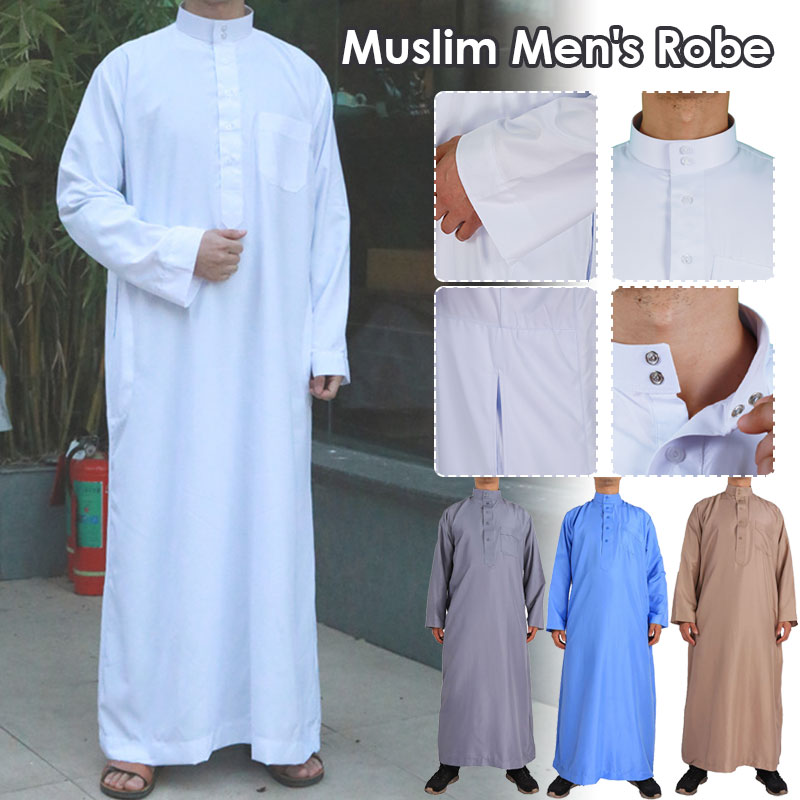 Ethnic Gown - ชุดคลุมมุสลิมสไตล์อาหรับสำหรับผู้ชายชุดคลุมย้อนยุคแขนยาวเสื้อทรงหลวมสีพื้นเสื้อซาอุดิอาระเบียแบบซาอุดิอาระเบคาฟตัน
