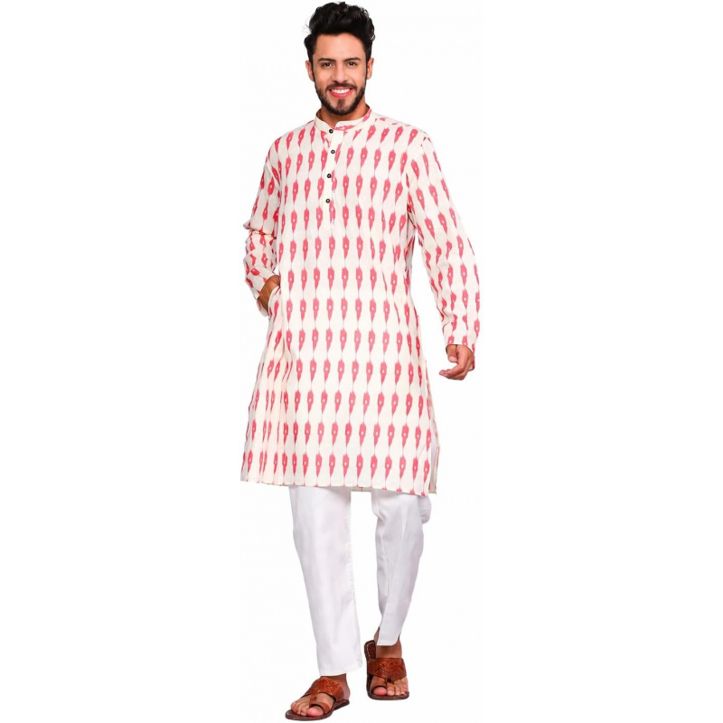 Kurta Men Cotton - ชุดคุर्ตาผ้าฝ้ายแท้สำหรับผู้ชาย ชุดของขวัญพิมพ์ลาย ความยาวระดับเข่า เสื้อแขนยาวสไตล์ลำลอง สำหรับงานแต่งงานและเทศกาล