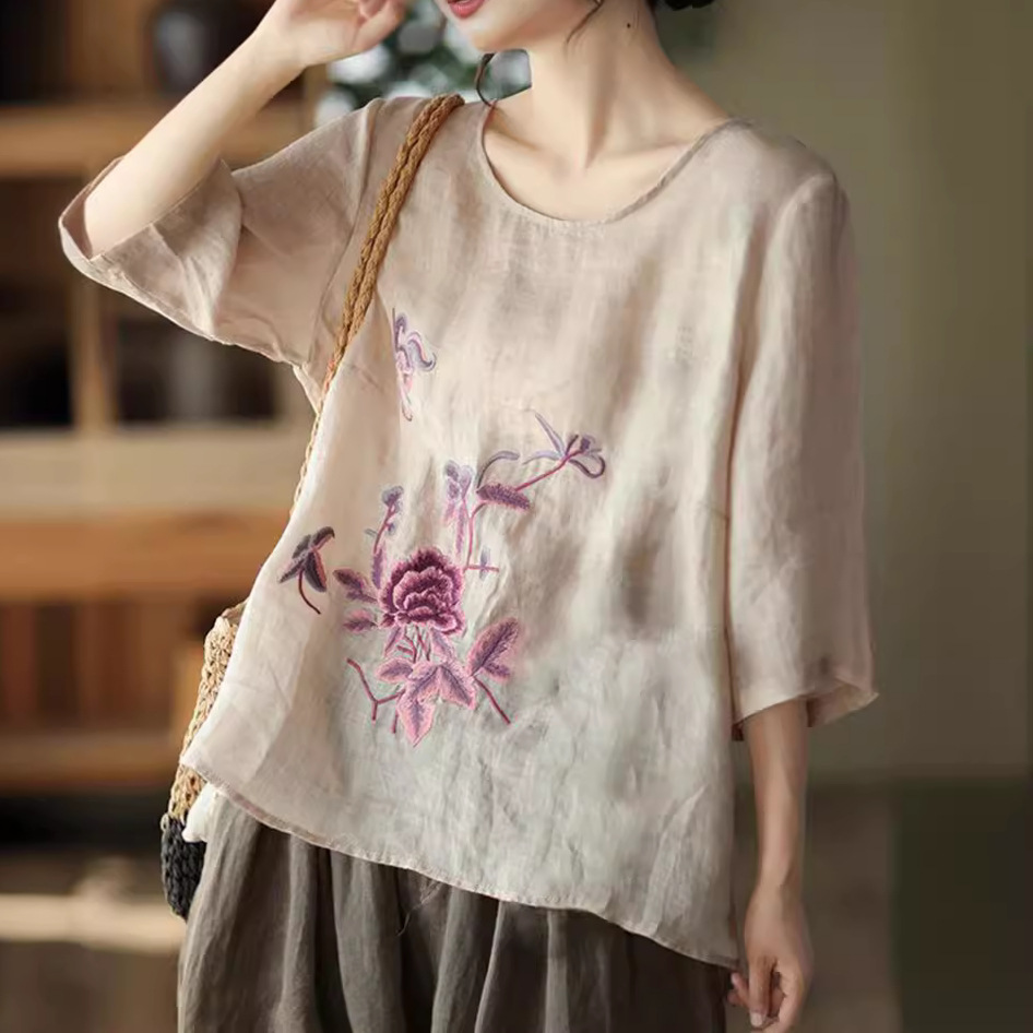 New Ethnic Fashion - เสื้อเบลาส์ผู้หญิงไซส์ใหญ่สไตล์เรโทรสำหรับฤดูร้อน ผ้าฝ้ายลินินบางเบา เหมาะสำหรับสาวออฟฟิศ แฟชั่นใหม่มาแรง ใส่สบาย