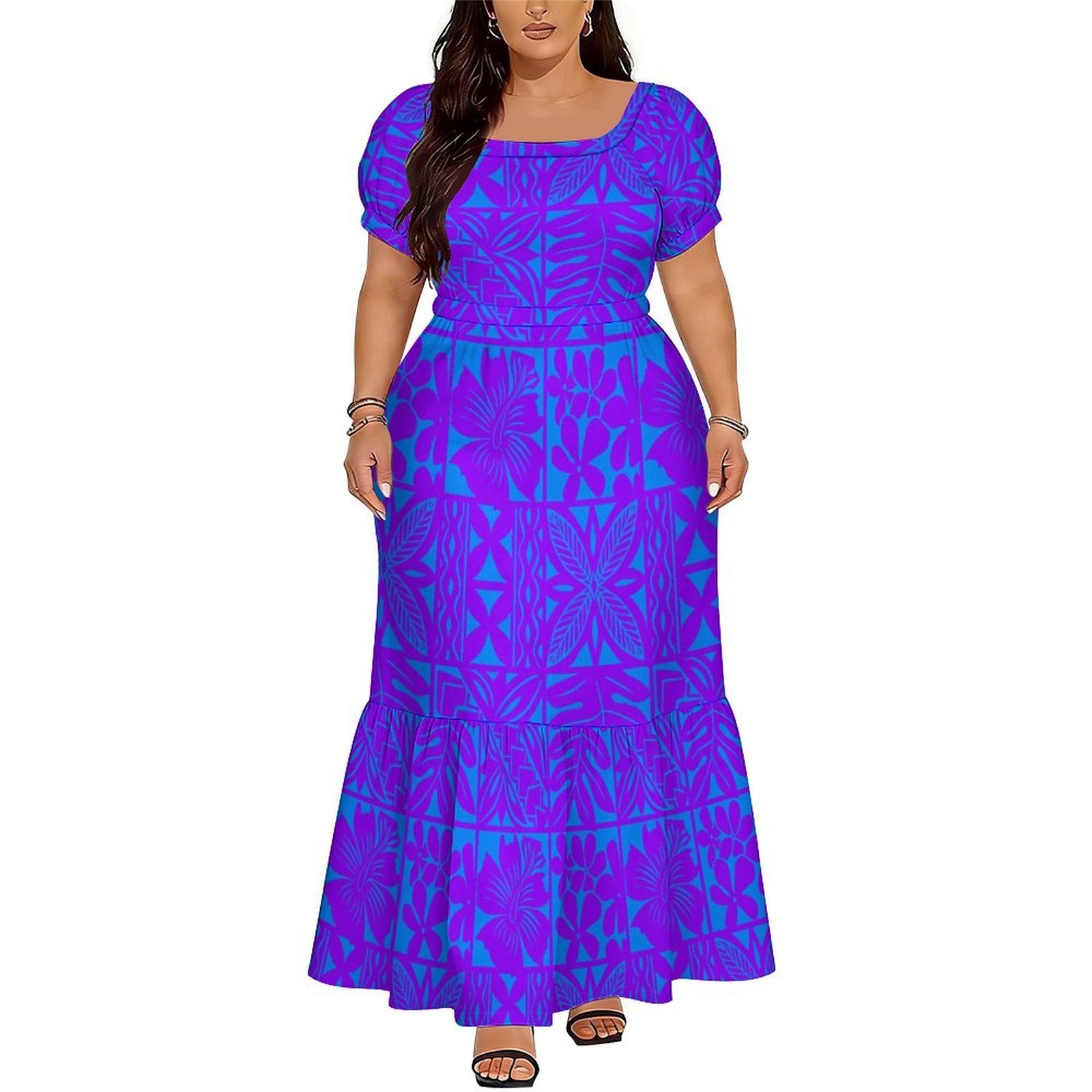Ethnic Style Dresses - เดรสยาวคอวีลายดอกไม้สไตล์โพลีนีเซียน-ซามัวสุดหรูสำหรับผู้หญิง ขายดี พร้อมเชือกผูกแบบสั่งทำพิเศษ