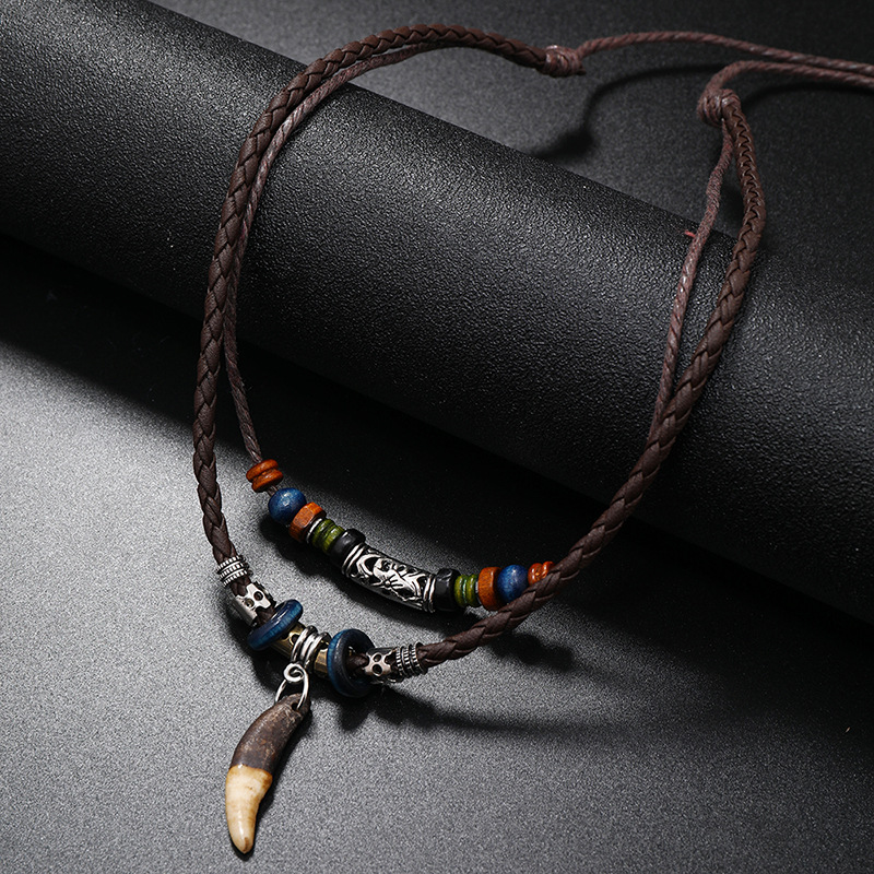 Ethnic Fashion Pk - สร้อยคอหนังถักสองชั้นสไตล์วินเทจลายชนเผ่า - เครื่องประดับจี้แบบไม่ซ้ำใคร