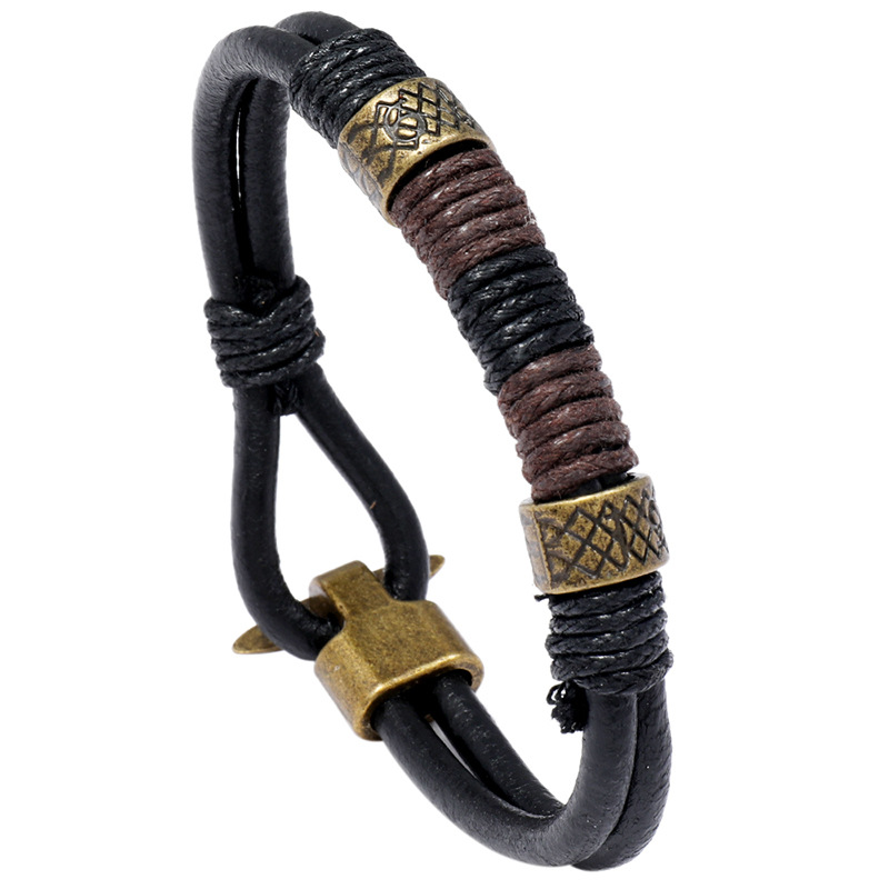 Ethnic Fashion Pk - สร้อยข้อมือผู้ชายสไตล์พังก์คุณภาพสูง สีดำ ดีไซน์โดดเด่น ทำจากหนังถักผสมโลหะผสม พร้อมเชือกป่าน ของขวัญชิ้นเล็กๆ