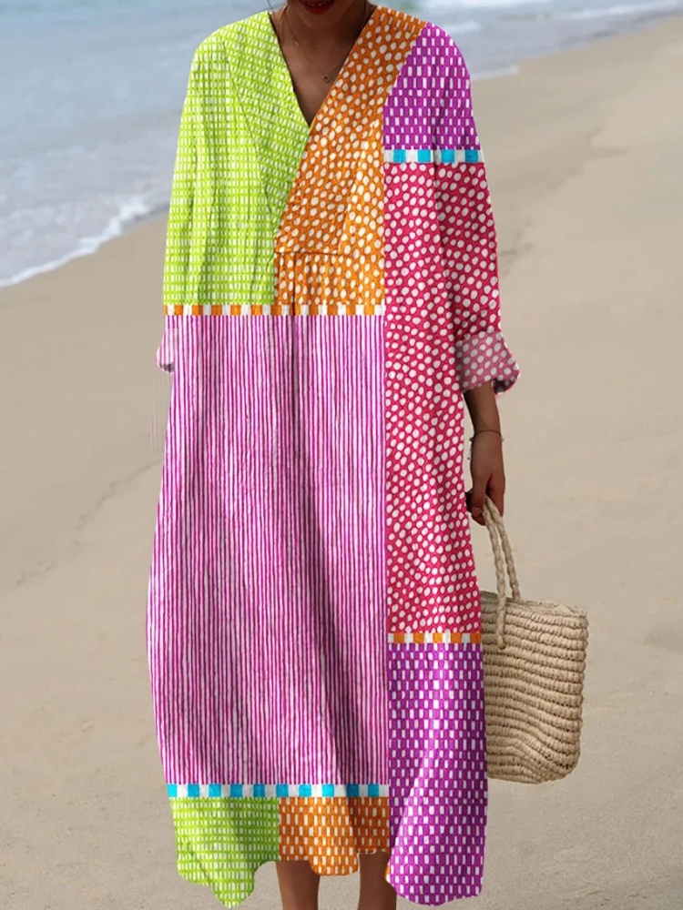Ethnic Gown - เดรสพิมพ์ลายจุดและลายเส้นสไตล์อาร์ตสำหรับผู้หญิง แฟชั่นแขนยาว คอวี ทรงโอเวอร์ไซส์ สไตล์โบฮีเมียนเก๋ไก๋