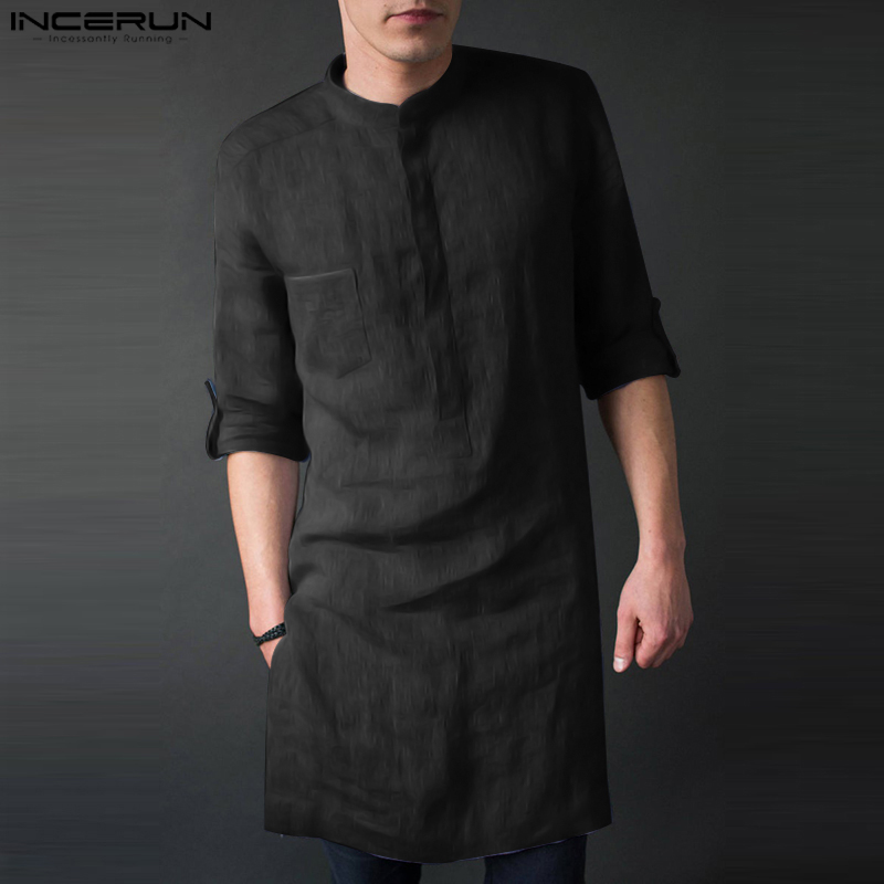 Kurta Men Cotton - INCERUN เสื้อกันหนาวผู้ชายแขนยาว Midi Men เสื้อยืดแฟชั่นใหม่มุสลิมเสื้อผ้าสีทึบอินเดีย Kurta