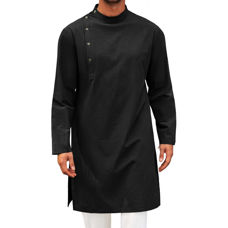 Kurta Men Cotton - เสื้อคลุมยาวแบบคัฟตันสำหรับผู้ชาย แขนยาว ผ้าฝ้าย คอเฮนลีย์ สไตล์ลำลอง ชุดมุสลิม