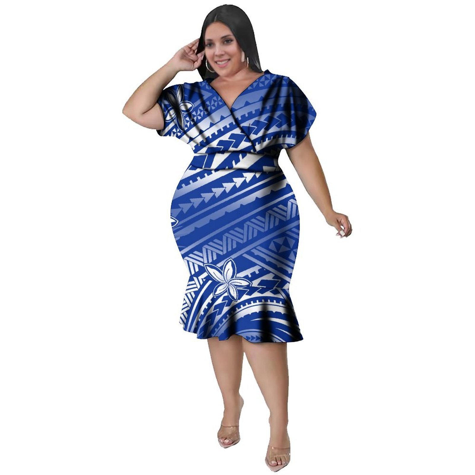 Ethnic Style Dresses - ชุดเดรสคอวีสไตล์โพลีนีเซียนสำหรับผู้หญิง ความยาวระดับเข่า กระโปรงทรงเต็มตัว ทรงเข้ารูป สำหรับงานปาร์ตี้วันหยุด ผ้าเนื้อนุ่ม