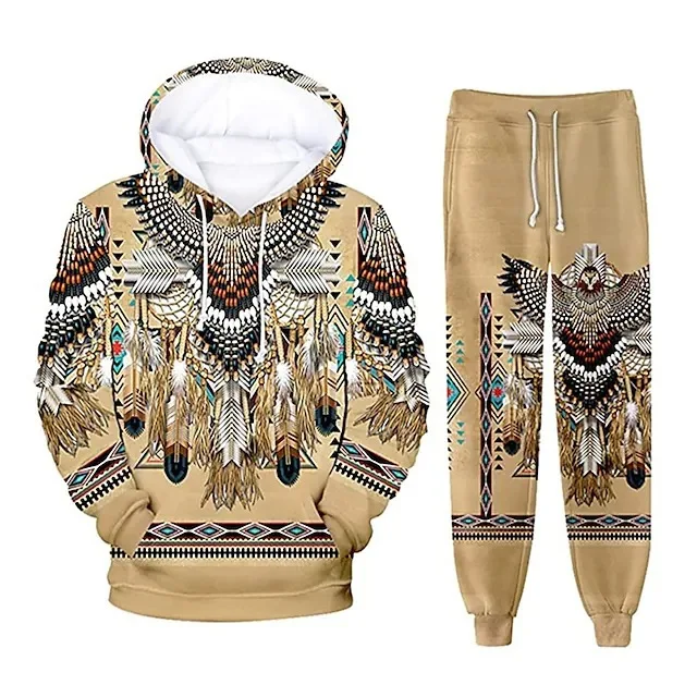 Fashion Ethnic Indian Clothing - ชุดเสื้อฮู้ดดี้และกางเกงสไตล์อินเดียแบบพิมพ์ลาย 3 มิติ แฟชั่นผู้ชาย เสื้อฮู้ดดี้และกางเกงวอร์ม ชุดสองชิ้น