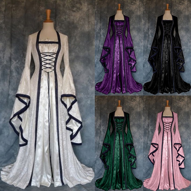 Ethnic Gown - ชุดเดรสสไตล์ย้อนยุคยุคกลางสำหรับผู้หญิง กระโปรงทรงบอลลูน แขนกระดิ่ง ชุดทางการสำหรับฤดูร้อน ชุดการแสดงสไตล์ชาติพันธุ์สำหรับสุภาพสตรี คุณภาพพรีเมียม