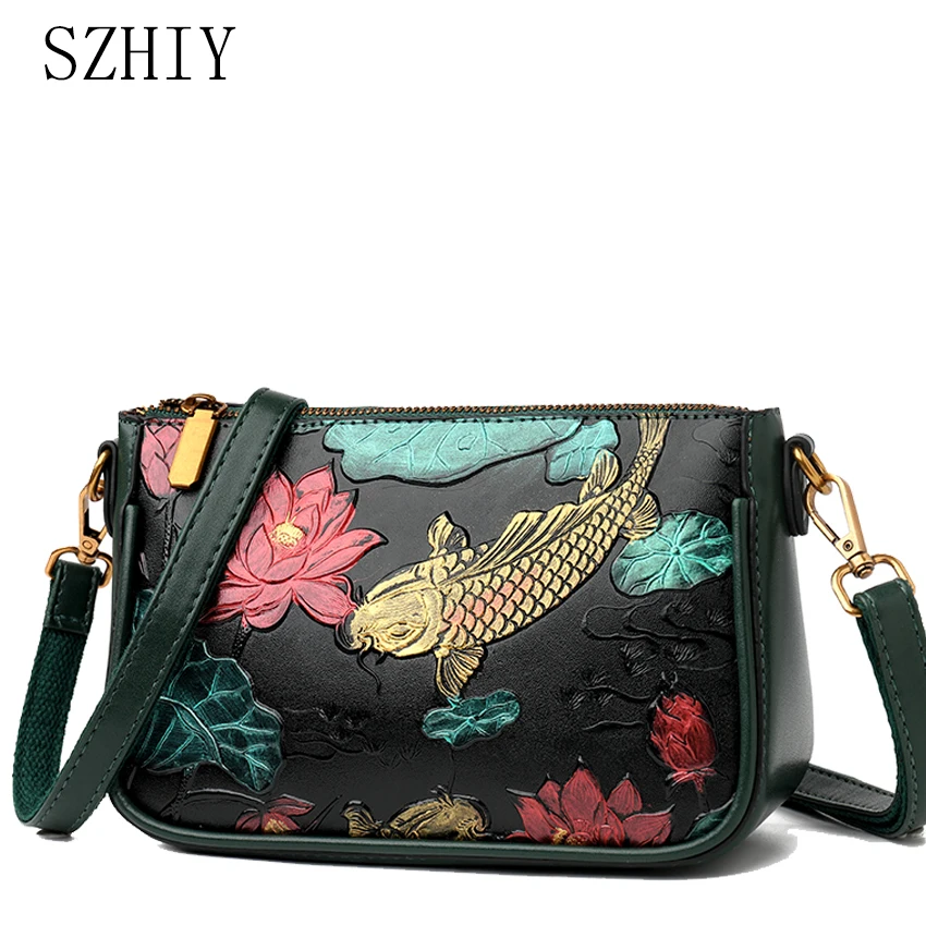 Ethnic Luxe Fashion - ออกแบบกระเป๋าสะพายผู้หญิงกระเป๋าCrossbodyสําหรับแม่Retroปลาคาร์พLotusสไตล์จีนขนาดเล็กกระเป๋าสีใหม่สไตล์ชาติพันธุ์Sac Luxe