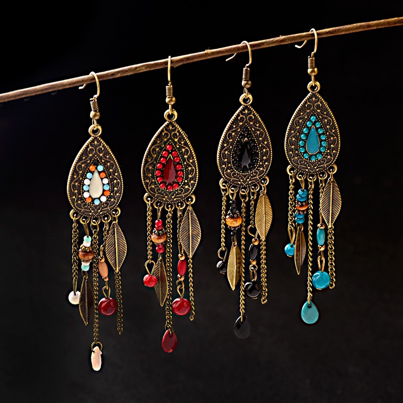 Ethnic Indian Fashion - Tophanqi ต่างหูหยดน้ำสีบรอนซ์สไตล์โบฮีเมียนสำหรับผู้หญิงเครื่องประดับต่างหูพู่ห้อยทำจากโลหะหลากสี