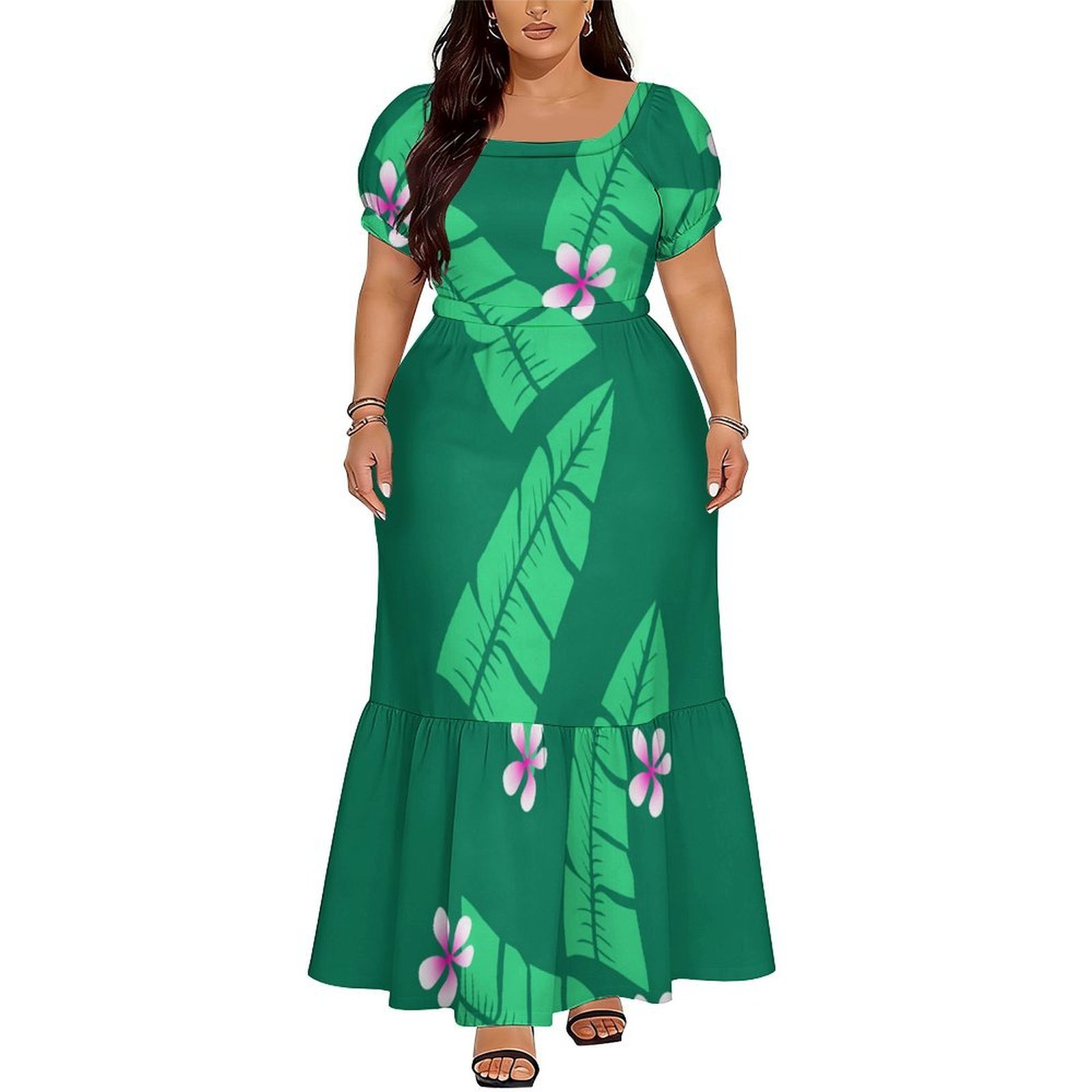 Ethnic Gown - ชุดเดรสแขนสั้นผู้หญิงสไตล์โพลินีเซียนแบบเกาะซามัว เอวสูง ยาวคลุมเท้า ชุดราตรี