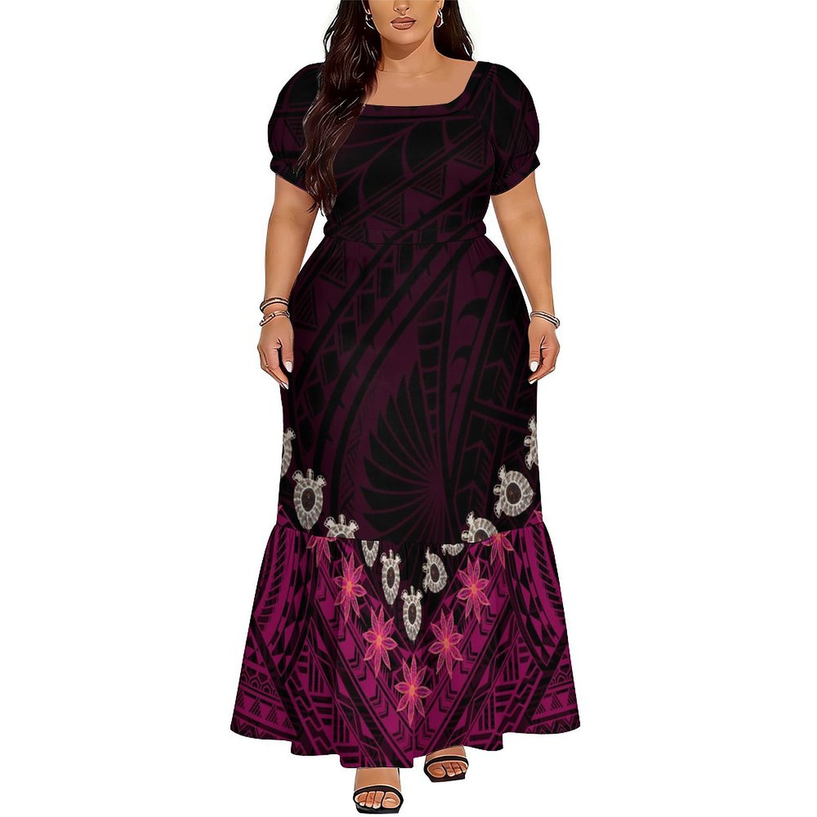 เดรสยาวคอวีลายดอกไม้สไตล์โพลีน - Ethnic Style Dresses บทวิจารณ์และราคา